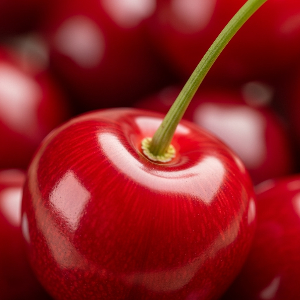 Close-up of a single, perfectly ripe red cherry, with a slight gleam on its skin, against a softly blurred background of more cherries. The image emphasizes the rich red color and natural beauty of the fruit.
