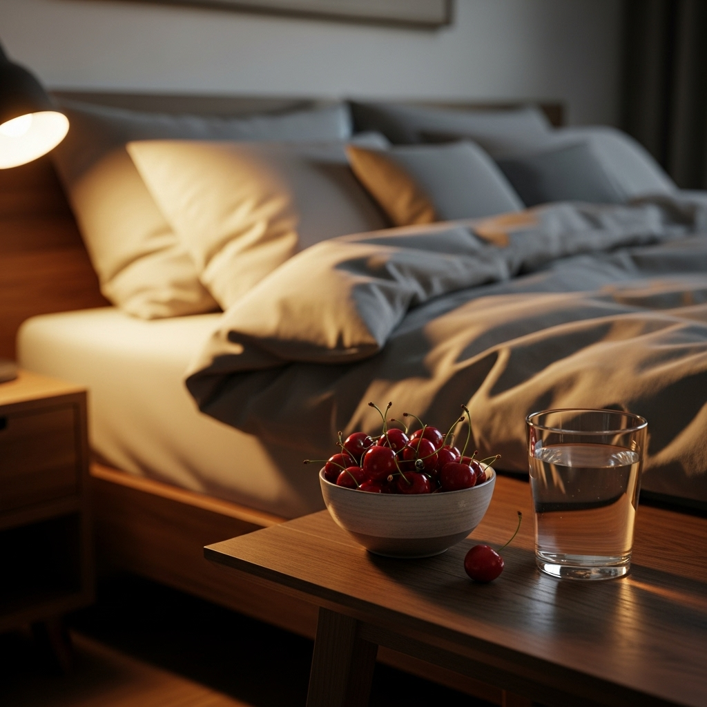 A serene bedroom scene with soft, warm lighting. On a bedside table, a small bowl of fresh cherries sits next to a glass of water, suggesting a peaceful night's rest. The focus is on comfort and relaxation.