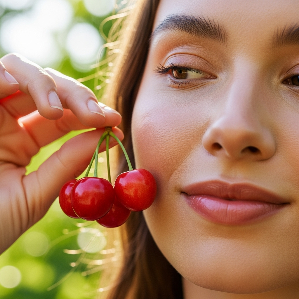 A person gently holding a few fresh cherries near their face, which has a soft, glowing complexion. The background is a bright, natural setting, emphasizing health and natural beauty. Focus on the delicate interaction and healthy skin.