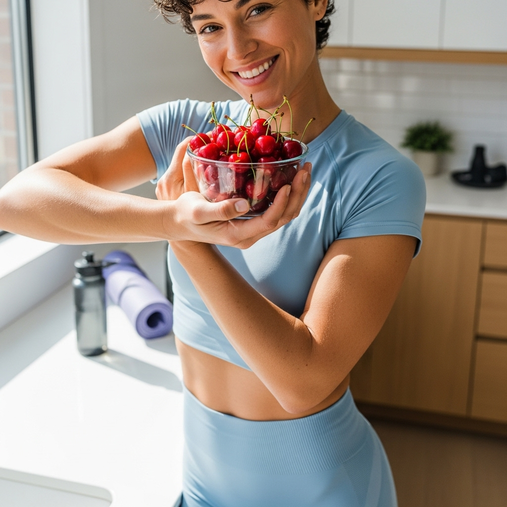 A person in light athletic wear, smiling and holding a small bowl of fresh cherries. The setting is bright and active, possibly a kitchen or gym, conveying a sense of healthy lifestyle and fitness.