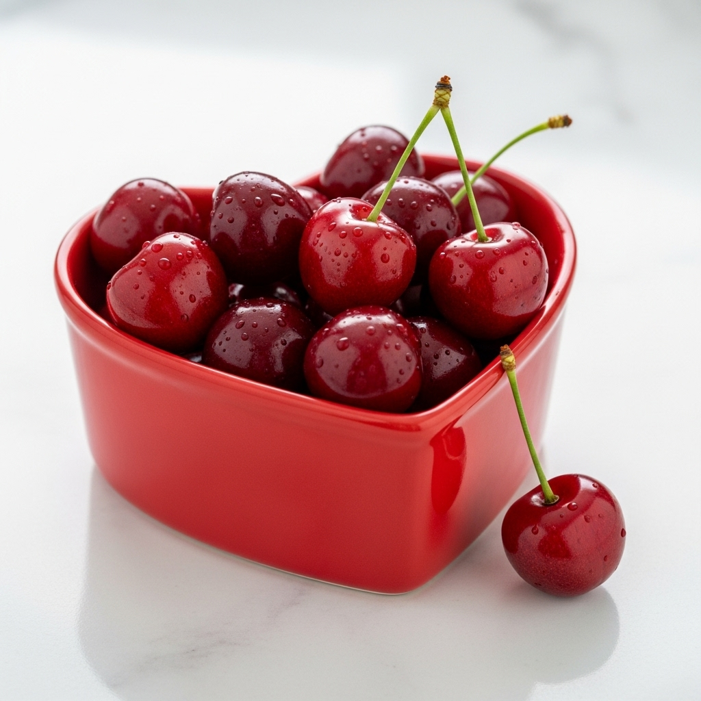 A heart-shaped bowl filled with fresh, bright red cherries, placed on a clean, light-colored surface. The composition is simple and elegant, symbolizing heart health and natural goodness.