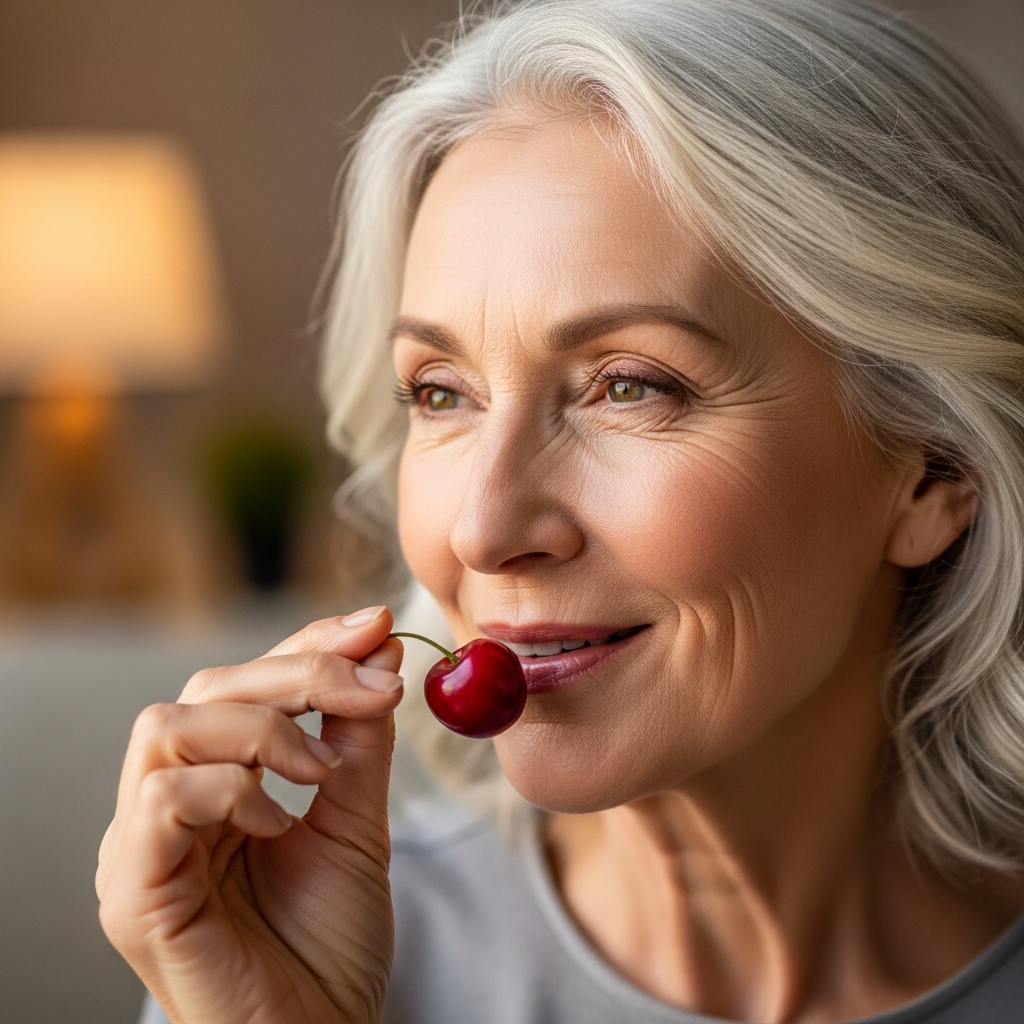 A woman of elegant age, smiling gently while holding a single cherry to her lips. The image evokes a sense of well-being and graceful aging, with soft, warm lighting.