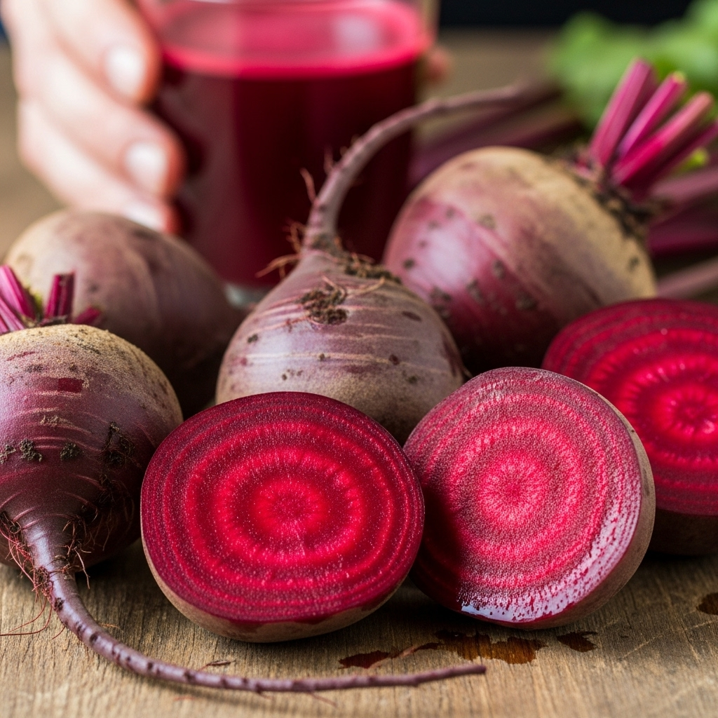 A close-up shot of vibrant red beets, some whole and some sliced, displaying their rich color and texture. A hand is holding a glass of fresh beet juice in the background, out of focus.