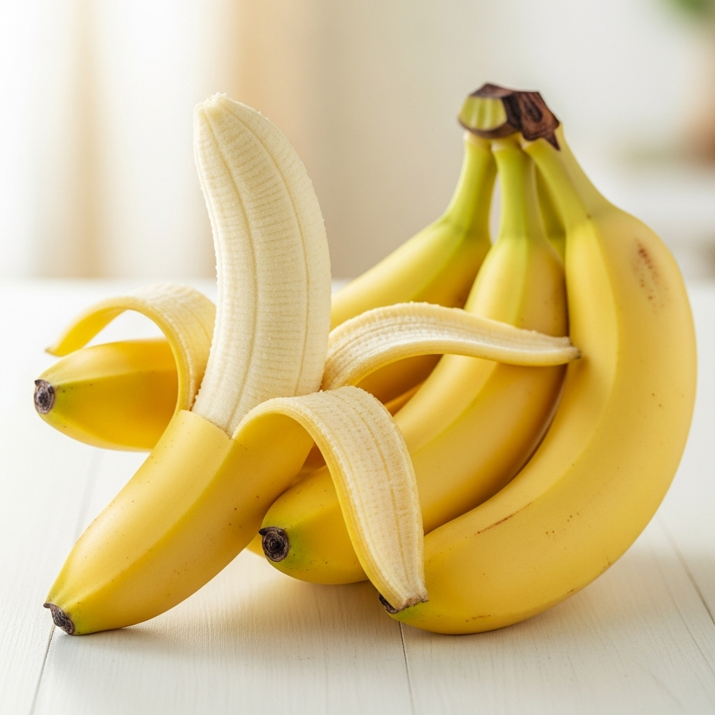 A bunch of ripe yellow bananas on a clean, light surface. One banana is peeled partially, showing the fruit inside. The background is softly blurred.