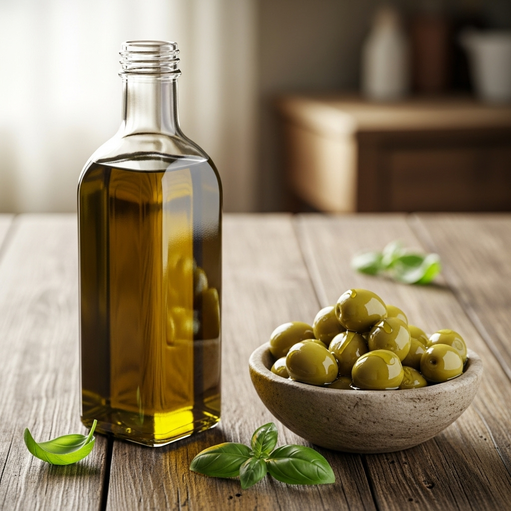 A clear glass bottle of extra virgin olive oil with a small bowl of green olives and a few fresh basil leaves beside it on a rustic wooden table.