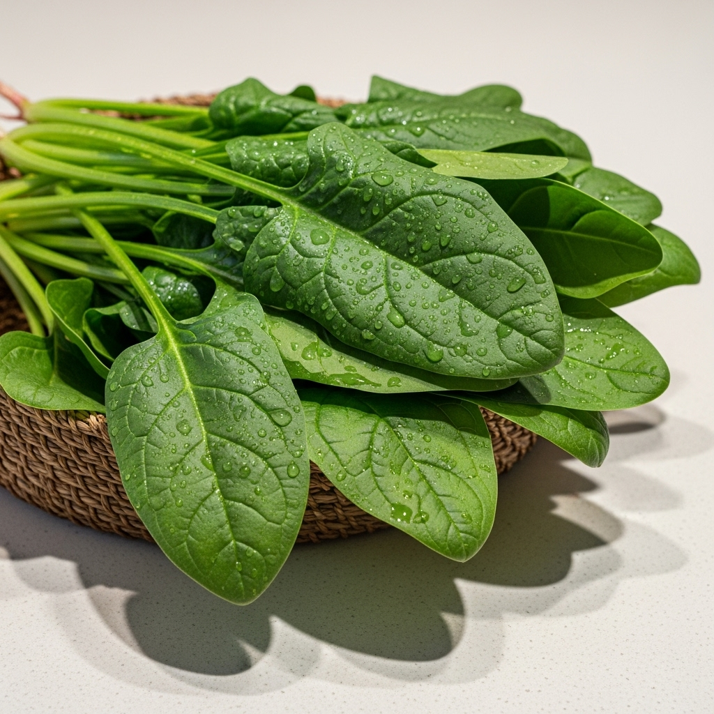A fresh bundle of vibrant green spinach leaves, washed and glistening with water droplets, placed in a woven basket on a light kitchen counter.