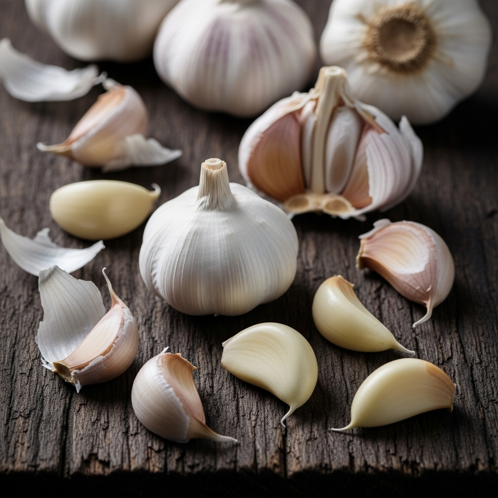 Several cloves of garlic, some peeled and some still in their papery skins, scattered on a dark, textured surface. A few whole garlic bulbs are visible in the background.