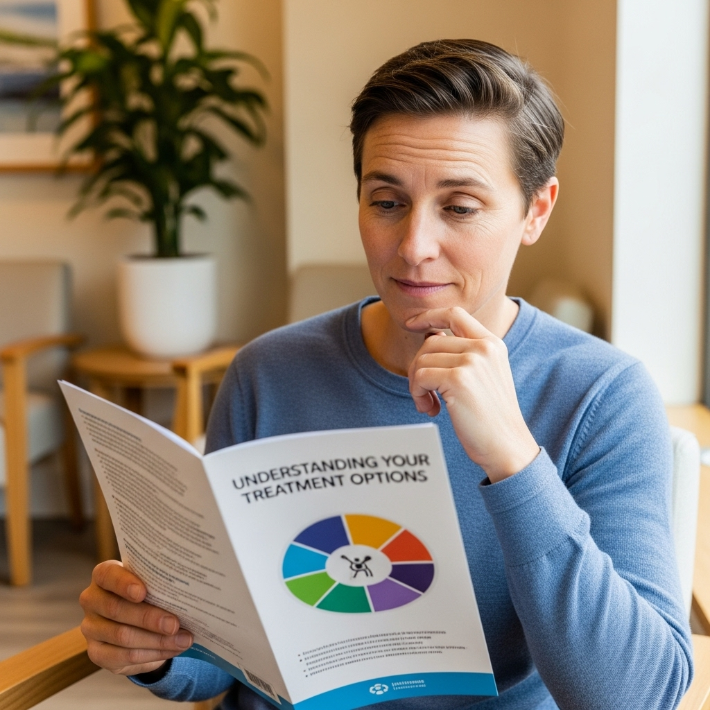 비아그라 처방, 효과, 부작용, 복용법 A thoughtful person in their late 30s or early 40s, looking at a medical brochure or leaflet, with a soft, concerned but hopeful expression. The setting is clean and medical, but not sterile. The lighting is gentle.