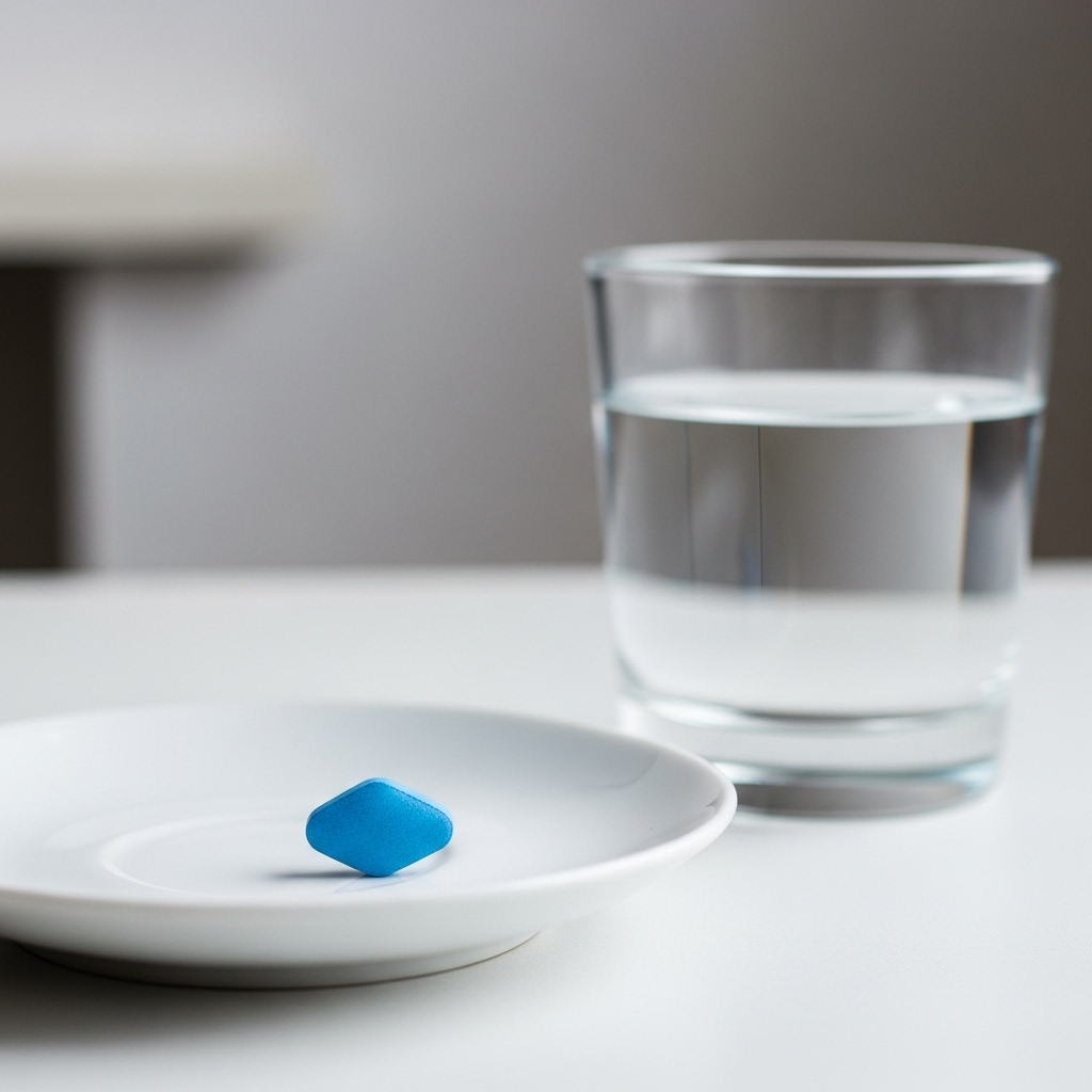 비아그라 처방, 효과, 부작용, 복용법 A single blue diamond-shaped pill (like Viagra) placed on a clean white saucer, with a glass of water next to it. The background is softly blurred, focusing on the pill and water.
