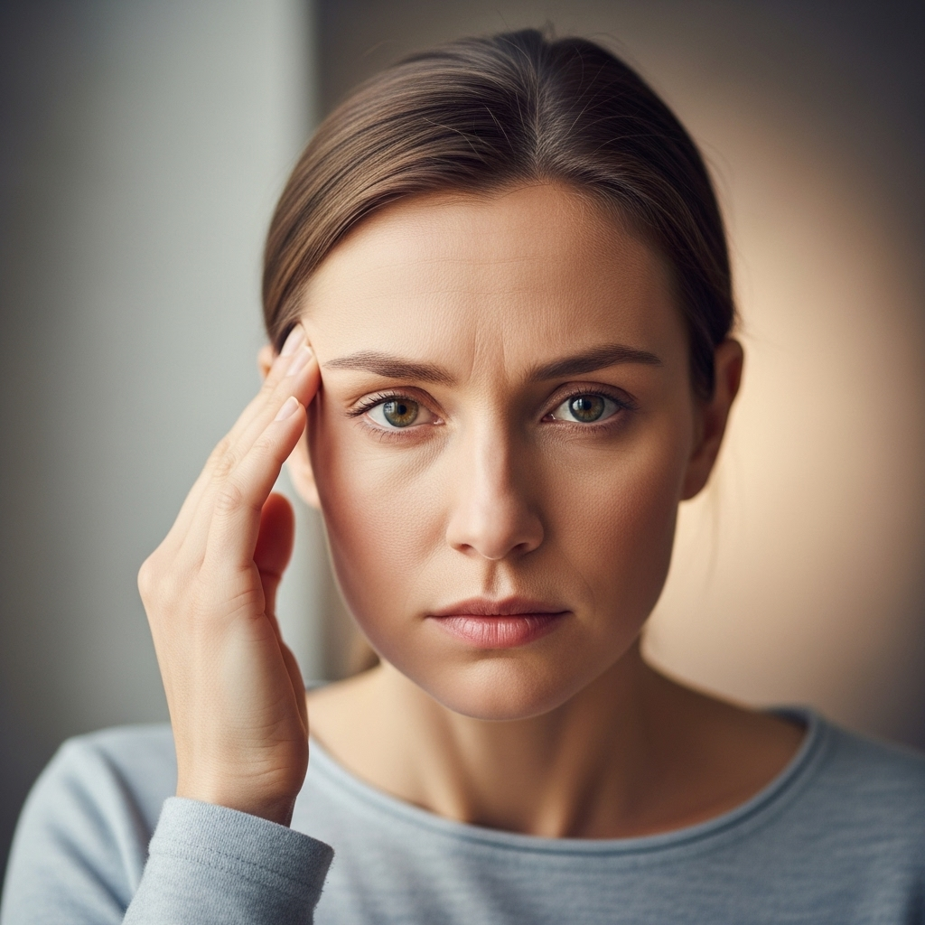 비아그라 처방, 효과, 부작용, 복용법 A person gently touching their temple, indicating a mild, non-severe headache, with a slightly concerned but calm expression. The background is neutral and soft.