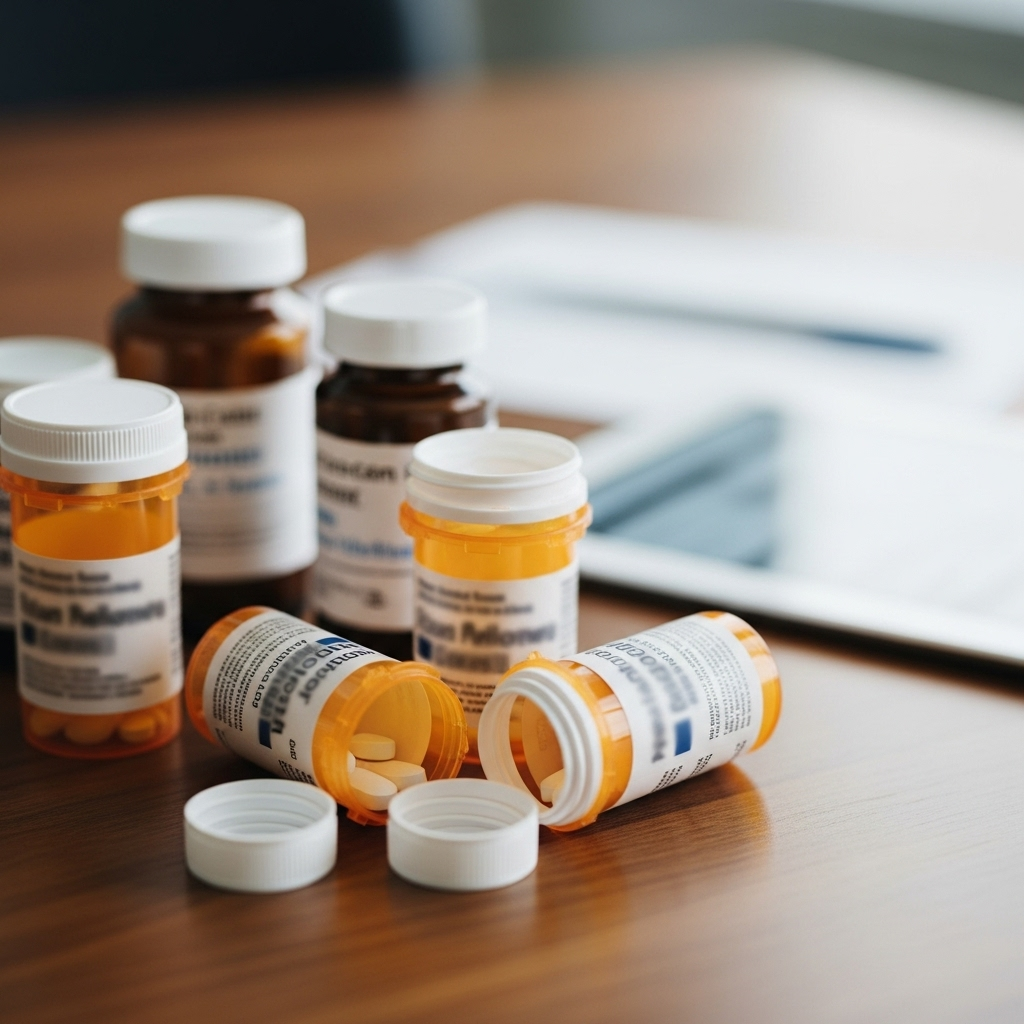비아그라 처방, 효과, 부작용, 복용법 A variety of prescription pill bottles, some open, some closed, arranged on a doctor's desk next to a blurred medical form or tablet, suggesting a discussion about medication. The focus is on the general concept of medication, not specific brands.