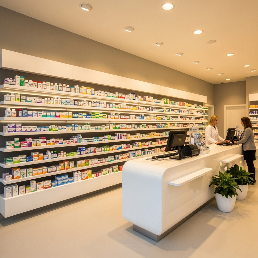 A modern pharmacy interior with medicine bottles on clean white shelves, professional healthcare setting with soft lighting