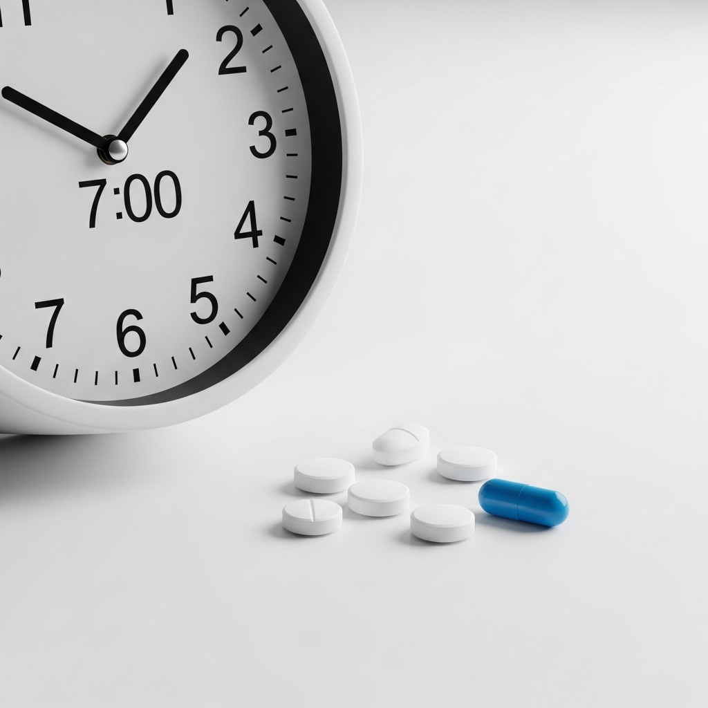 비아그라 - Clock showing time with medical pills nearby on clean white background, representing medication timing