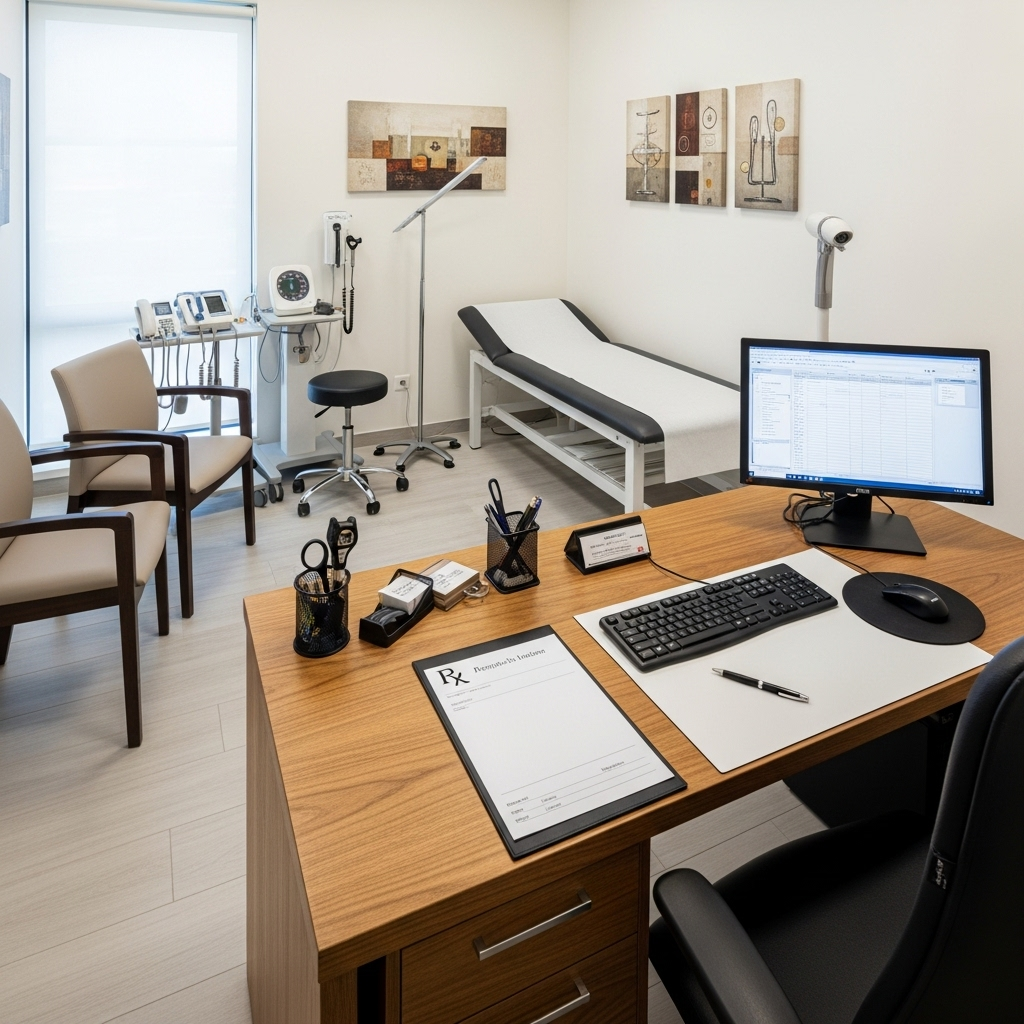 Professional doctor consultation room with medical equipment and prescription pad on desk, clean modern healthcare setting