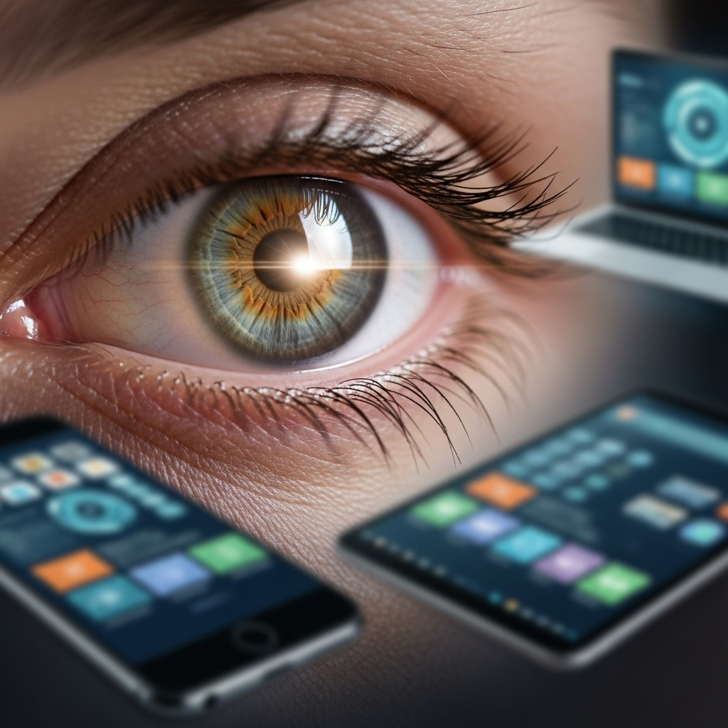 루테인 - A vibrant, close-up shot of a human eye with a subtle glow, symbolizing clear vision and health. In the background, a blur of digital screens (smartphone, laptop) hinting at modern eye strain. The overall impression is clean, positive, and focused on eye well-being. No text in the image.