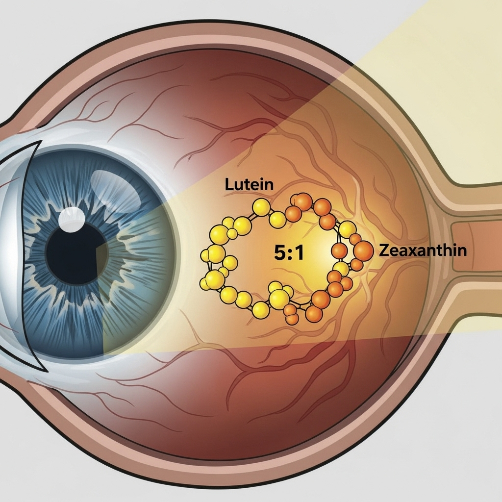 A stylized illustration of the human eye, with a spotlight on the retina and macula. Two distinct molecules, one labeled "Lutein" (yellow) and the other "Zeaxanthin" (orange), are shown interweaving around the macula in a 5:1 ratio, suggesting their importance and precise balance. The image is clean and educational, focusing on eye anatomy and nutrient interaction. No text in the image.