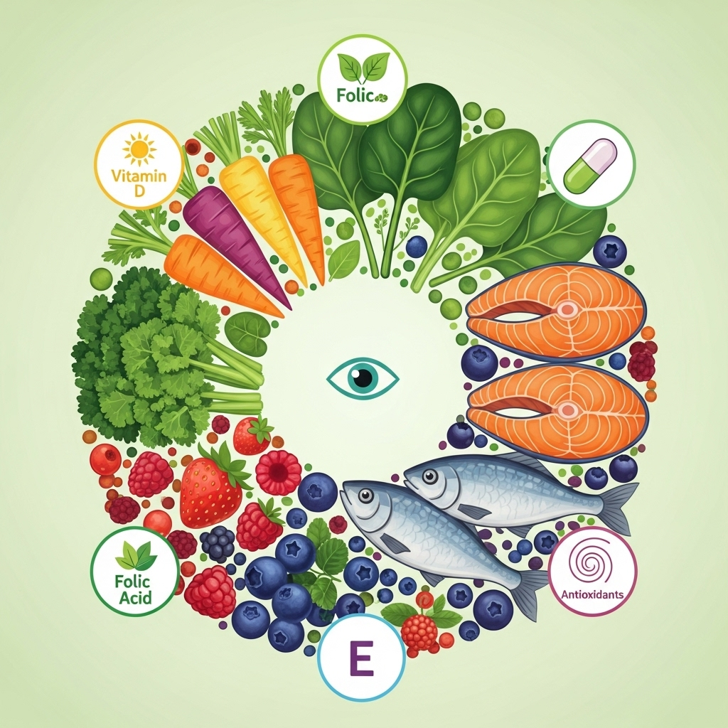 A vibrant, colorful illustration depicting various healthy fruits and vegetables (carrots, leafy greens, berries, fish) in a circular arrangement, with a small, healthy eye icon at the center. Around the circle, several small icons representing different vitamins (D, E, folic acid) and antioxidants, symbolizing a comprehensive blend of nutrients for overall well-being. The style is inviting and clean. No text in the image.