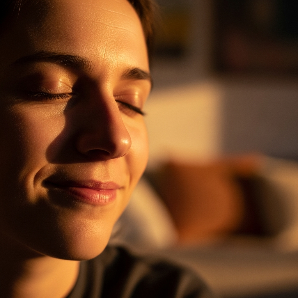 A serene and comforting image of a person gently closing their eyes, perhaps at the end of a long day, with a soft, warm light falling on their face. The background is slightly blurred, suggesting a moment of peace and self-care. The overall mood is relaxing and positive, emphasizing relief and well-being for the eyes. No text in the image.