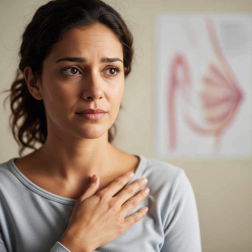 A worried woman in her 30s thoughtfully touching her chest, looking at a blurred medical illustration of a breast in the background. The lighting is soft and reassuring, conveying concern but also hope for a solution. Focus on her expression and posture, no explicit medical details.