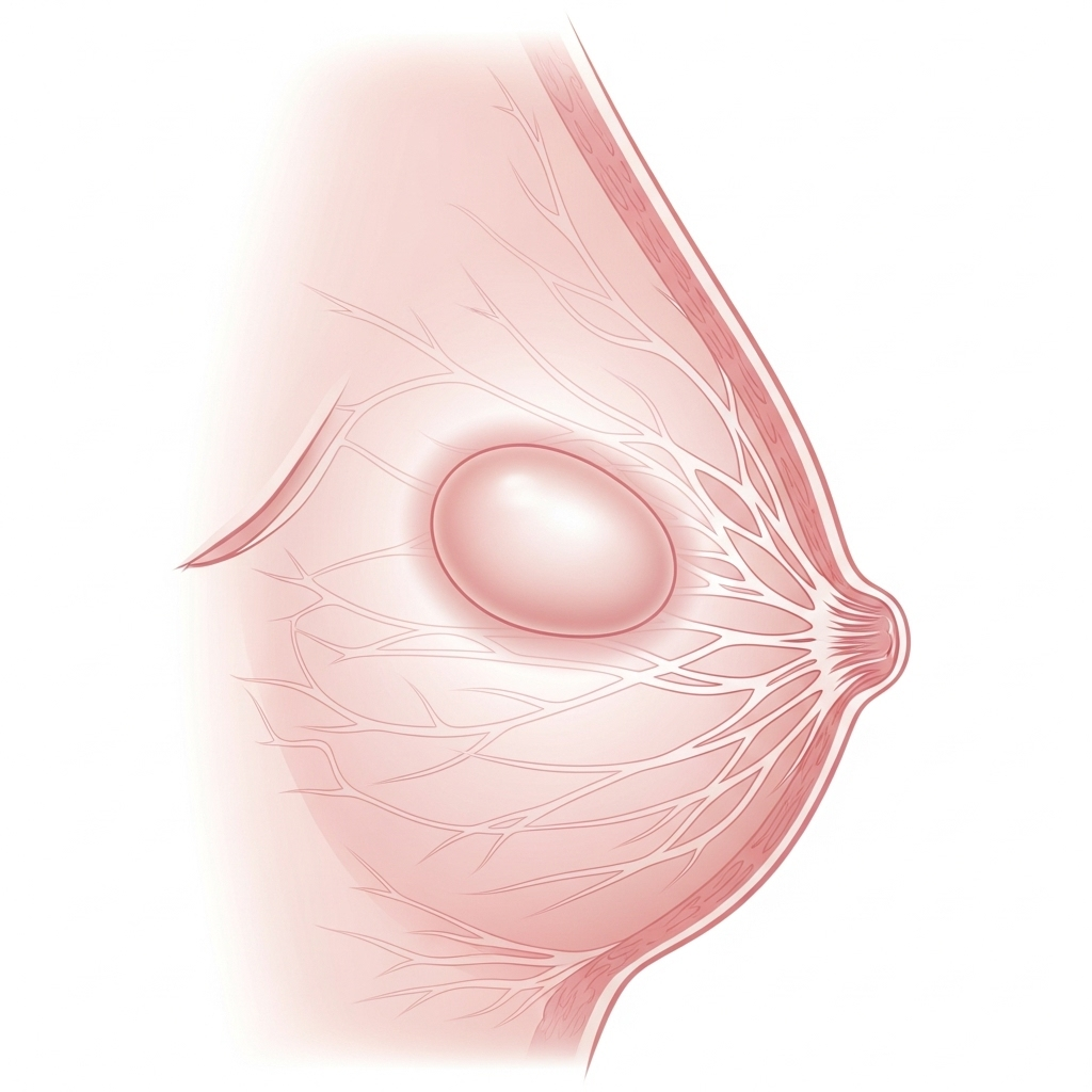 A simple, clear medical illustration of a human breast showing a well-defined benign lump (fibroadenoma) within the breast tissue. The lump is distinct and not irregularly shaped, emphasizing its benign nature. No text or complex medical instruments are shown, just a clear anatomical representation.