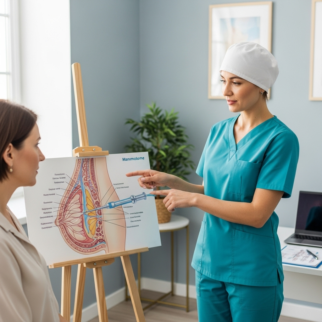 A female doctor, dressed in clean scrubs and a surgical cap, gently pointing at a diagram of a breast and a small Mammotome device to a patient. The atmosphere is calm and professional, focusing on clear explanation and patient comfort. No explicit surgical scene, only consultation.