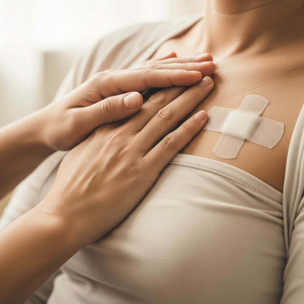 A close-up shot of a hand gently holding the other hand which has a small, neat bandage on the upper chest area, symbolizing post-procedure care and reassurance. The focus is on comfort and minimal visible marks. The setting is clean and warm. No medical instruments.