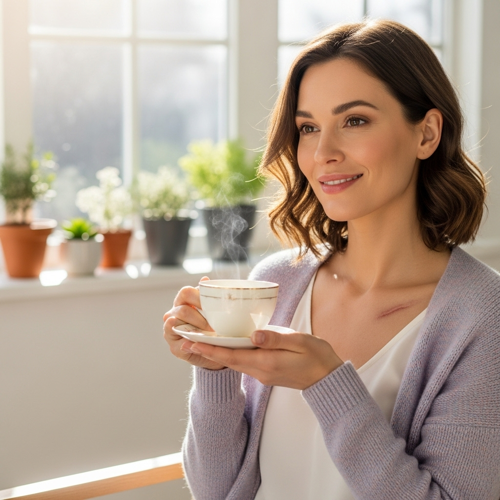 A woman, appearing healthy and happy, is enjoying a light activity like watering a small plant or sipping tea in a bright, airy room. She is smiling gently, her posture is relaxed, and she looks content, signifying a successful return to everyday life after a minor health procedure.