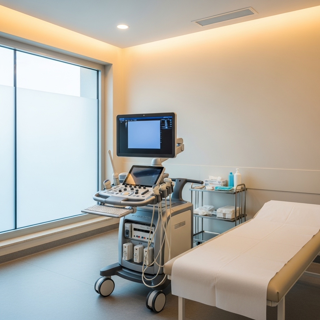 맙모톱 시술 - A modern medical ultrasound machine in a clean medical examination room with soft lighting, showing a professional healthcare environment without any people
