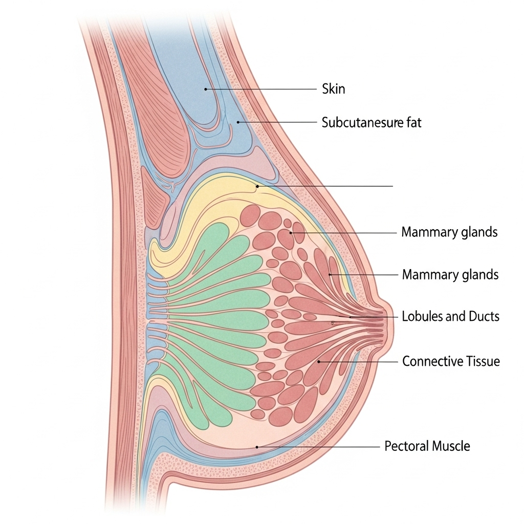Medical illustration showing breast anatomy cross-section with highlighted tissue areas in soft pastel colors, educational diagram style