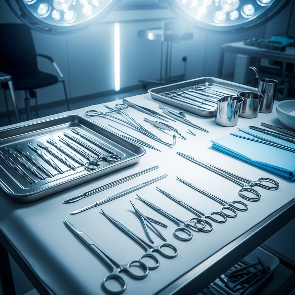 Clean medical equipment including surgical instruments on a sterile table with bright medical lighting, professional healthcare setting