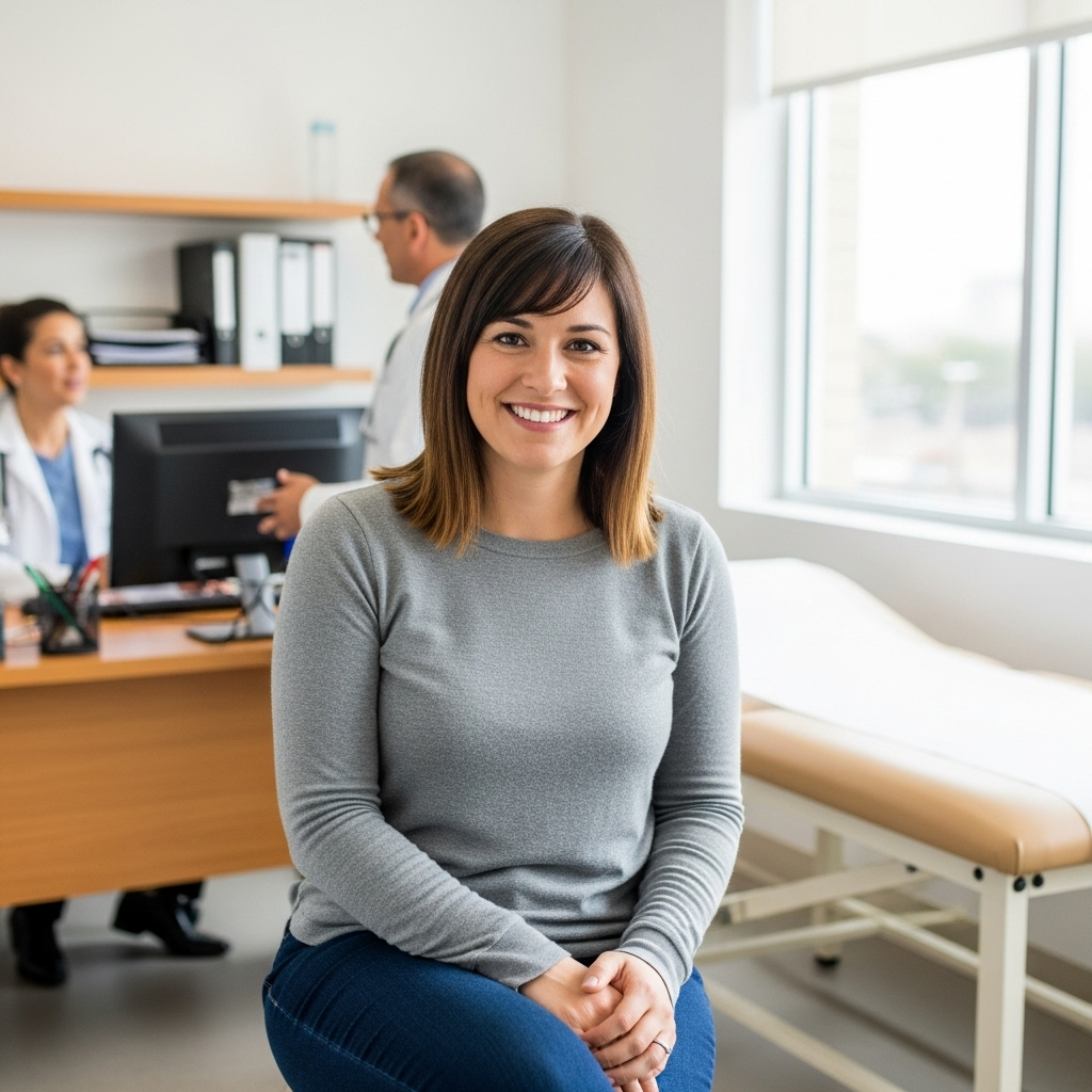 Happy woman in comfortable clothing smiling in a bright medical consultation room, showing positive patient experience