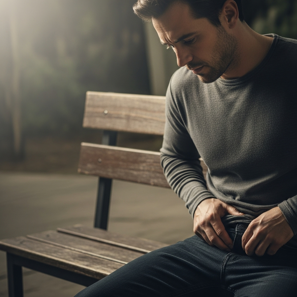 A worried man subtly touching his groin area through his clothing, looking thoughtful and concerned, in a softly lit, non-explicit setting. The image conveys a sense of personal health concern.
