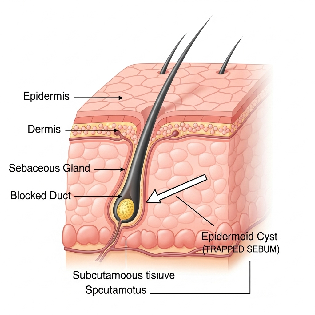 A clear and simple medical illustration showing a cross-section of skin with a sebaceous gland. One gland is depicted with its duct blocked, causing a small, benign cyst (epidermoid cyst) to form beneath the skin surface, with an arrow indicating trapped sebum.