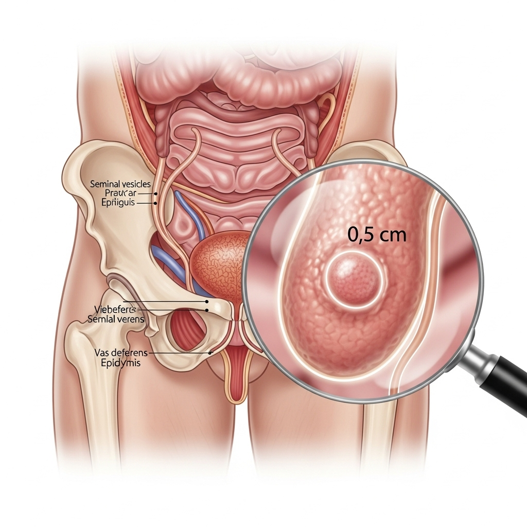A medical illustration of the male reproductive system, subtly highlighting the testicle area. A small, non-alarming lump is shown, with a magnifying glass over it, emphasizing detailed medical examination.