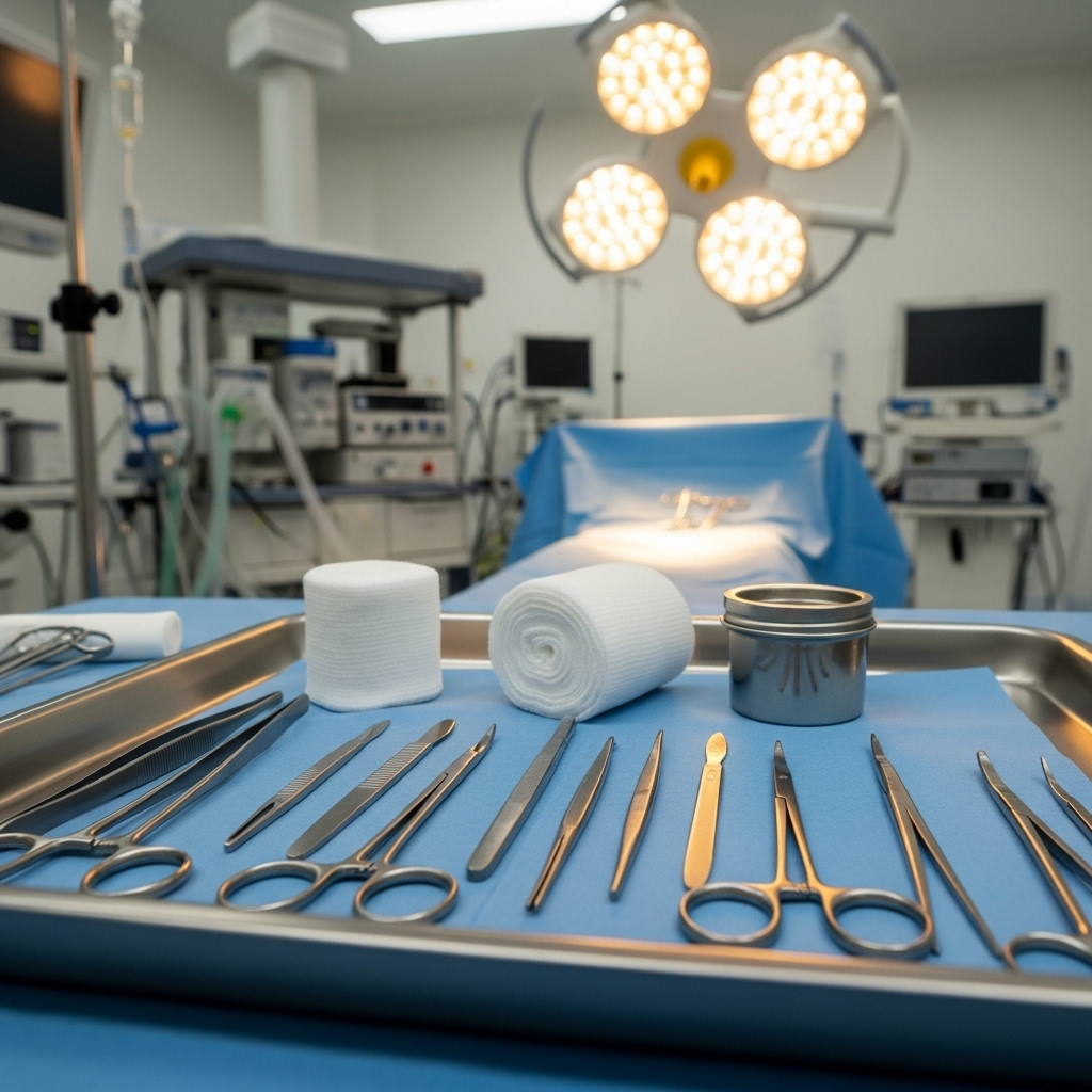 A clean, well-lit medical setting with sterile instruments laid out on a tray, suggesting preparation for a minor surgical procedure. No explicit body parts are visible, focusing on the professional and hygienic aspects of medical care.