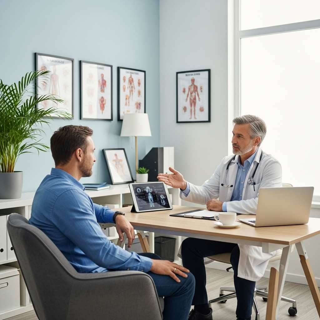 Professional medical consultation scene with male patient and doctor discussing treatment options in a clean modern clinic setting, medical charts on wall, comfortable atmosphere
