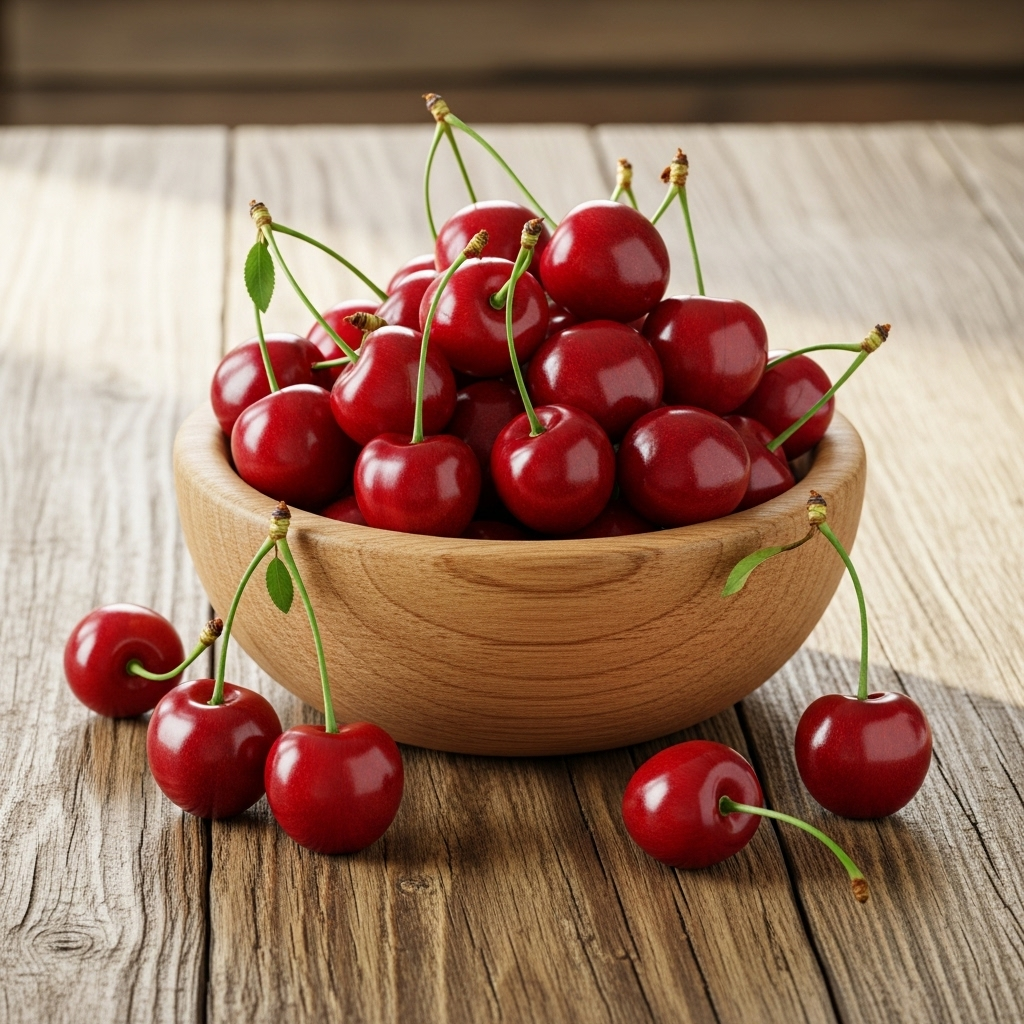 A vibrant bowl of fresh, ripe red cherries on a rustic wooden table, with a soft, natural light, no text.