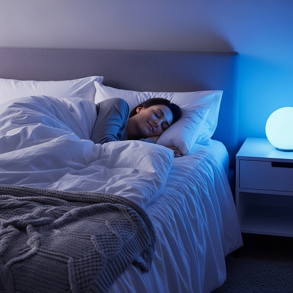 A person sleeping peacefully in a cozy bed, with soft blue lighting, representing good sleep, no text.