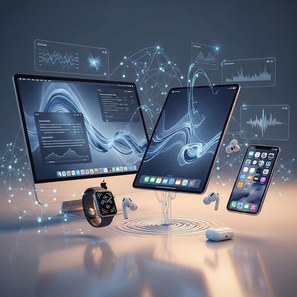 A sleek, modern digital ecosystem with various Apple devices (iPhone, iPad, Mac, Apple Watch, AirPods) seamlessly connected, featuring soft, glowing liquid glass effects and subtle AI elements, in a futuristic, clean aesthetic. The devices are floating gently in a digital space.