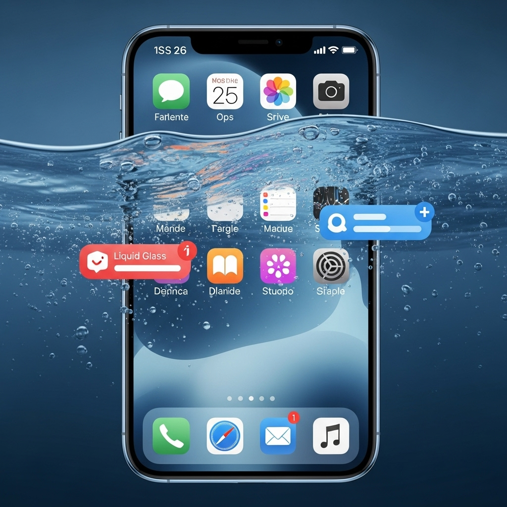 A close-up of an iPhone screen displaying the iOS 26 Liquid Glass interface, with smooth, fluid animations and a minimalist design. The screen shows a subtle glow, making it appear as if the elements are floating on a liquid surface.