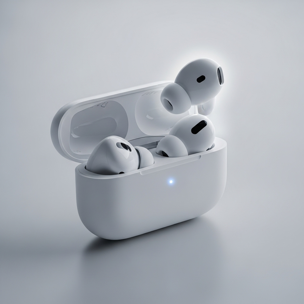 A pair of sleek, white Apple AirPods Pro 3 earbuds resting in their open charging case, placed on a smooth, light-colored surface. The earbuds look refined and modern, with a subtle glow around them.