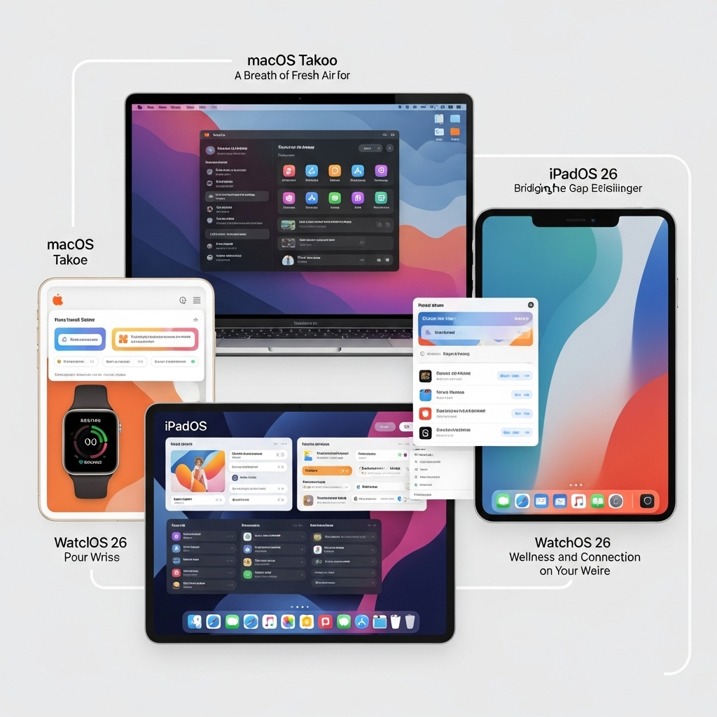 A collage of various Apple device screens, each showing a different updated OS interface: a MacBook with macOS Tahoe, an iPad with iPadOS 26, an Apple Watch with watchOS 26, and an Apple TV screen with tvOS 26. The overall aesthetic is modern and interconnected.