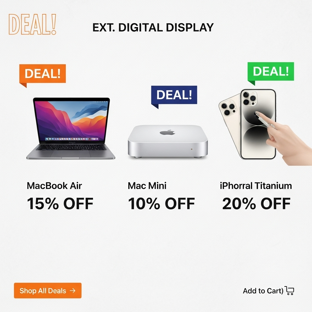 A digital display showing various Apple products (MacBook Air, Mac Mini, iPhone) with clear discount percentages and "Deal" banners. The background is a clean, minimalistic online shopping interface.