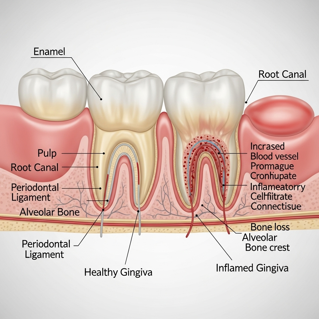 잇몸 치주 건강 - A close-up medical illustration showing healthy pink gums versus inflamed red gums around teeth, with detailed cross-section view highlighting the difference in gum tissue condition