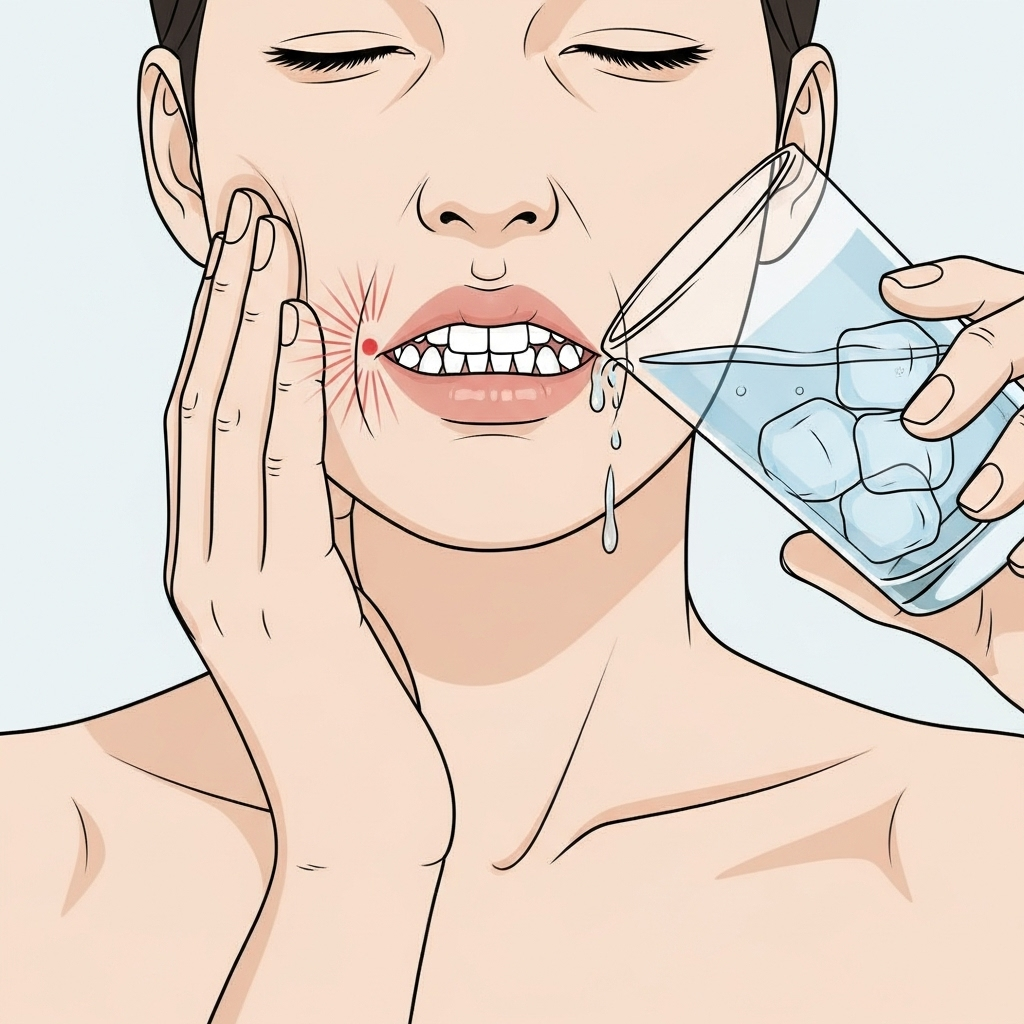 A person holding their cheek in discomfort while drinking cold water, showing dental sensitivity symptoms in a clean medical illustration style