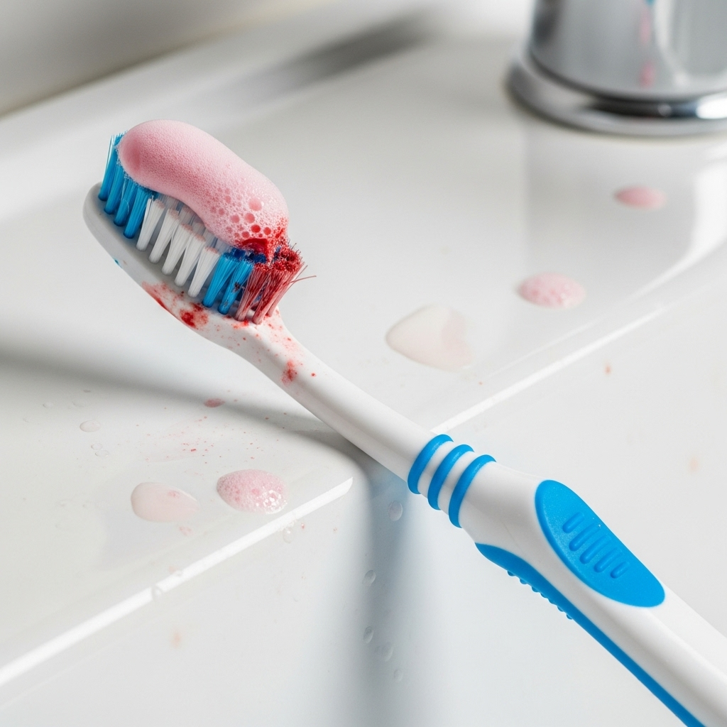 A toothbrush with pink foam showing gum bleeding during brushing, displayed on a clean white bathroom sink