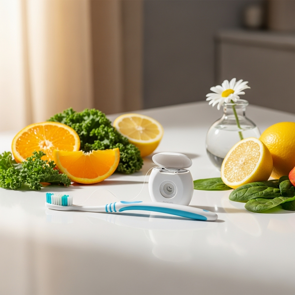 A peaceful dental care routine setup with soft toothbrush, dental floss, and healthy foods like citrus fruits and leafy greens arranged aesthetically