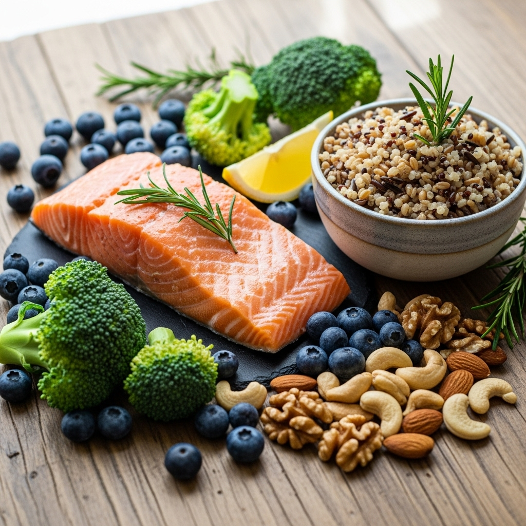 A colorful arrangement of healthy foods including fresh salmon, broccoli, blueberries, nuts, and whole grains beautifully displayed on a wooden table with natural lighting