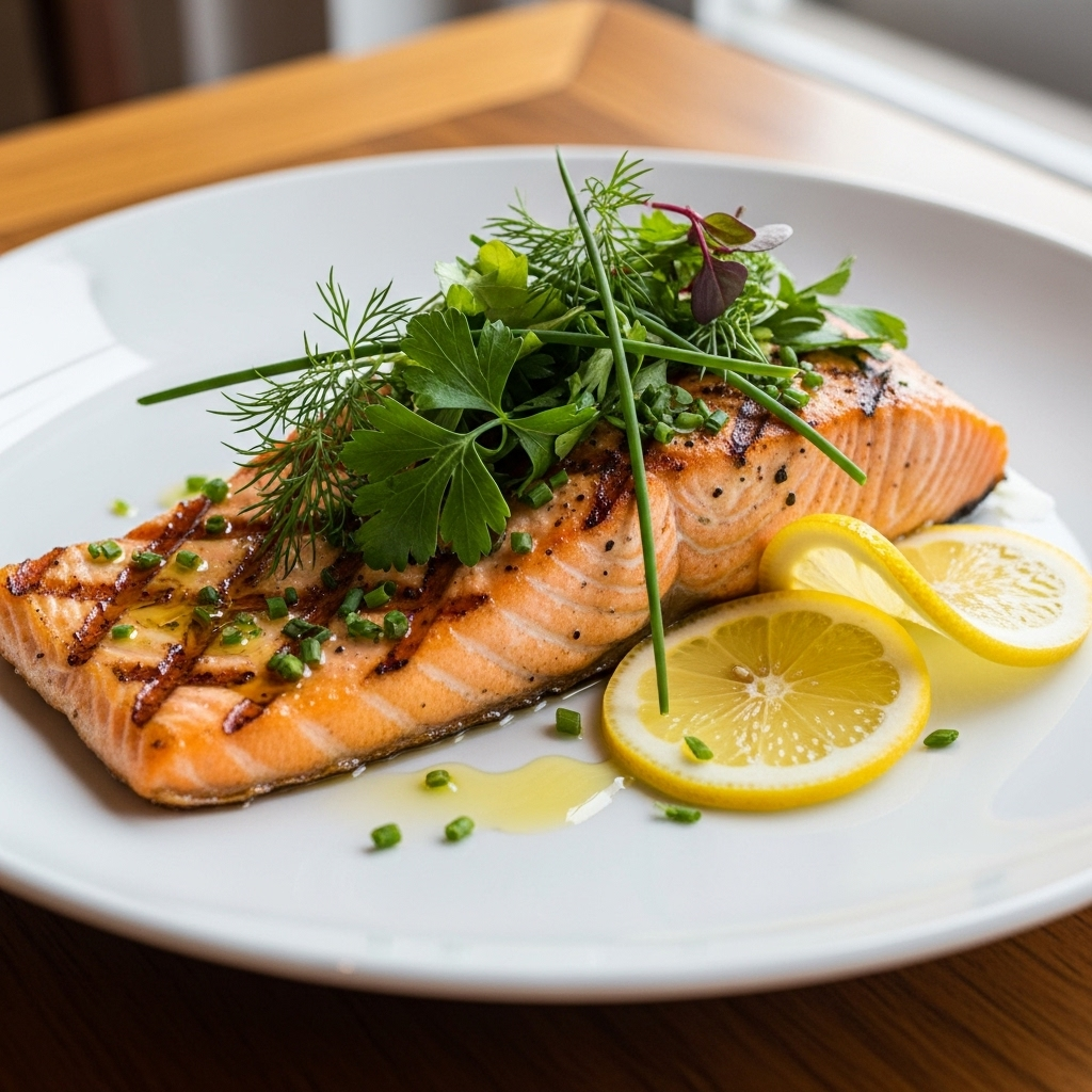 Fresh grilled salmon fillet garnished with herbs and lemon slices on a white plate, showcasing the healthy omega-3 rich meal