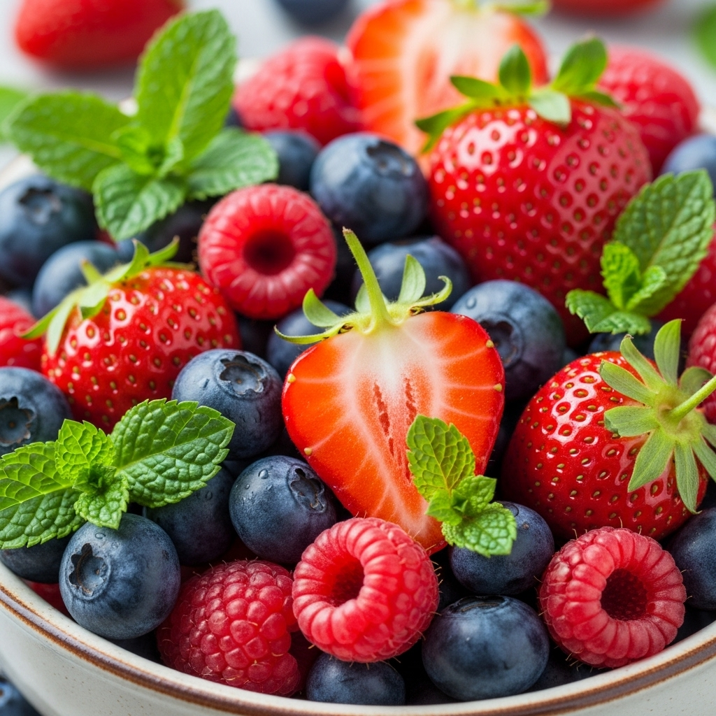 A vibrant bowl of mixed berries including blueberries, strawberries, and raspberries with mint leaves, showing natural antioxidant-rich foods